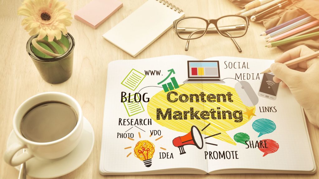 stock image of a page showing the words content marketing
