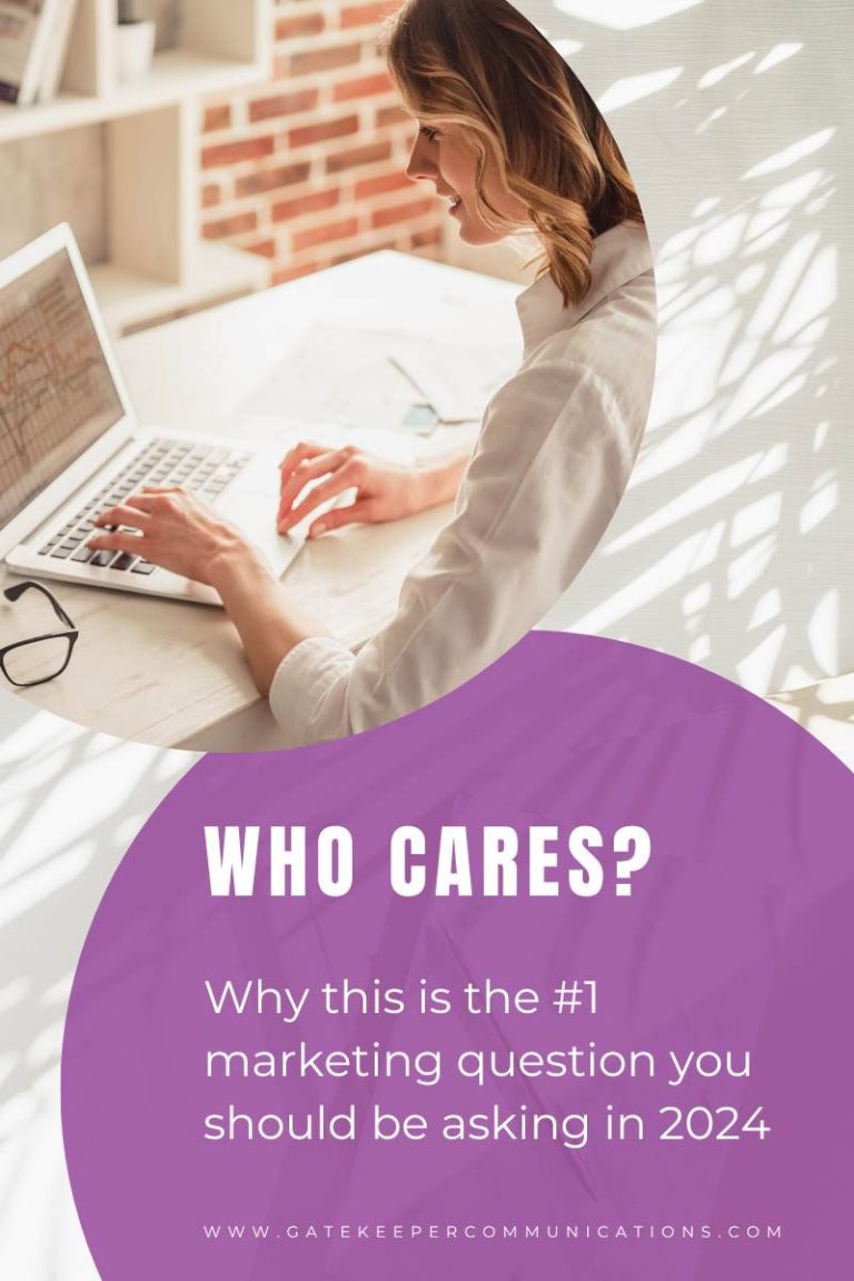 image of a woman typing on a laptop with the words "who cares?"