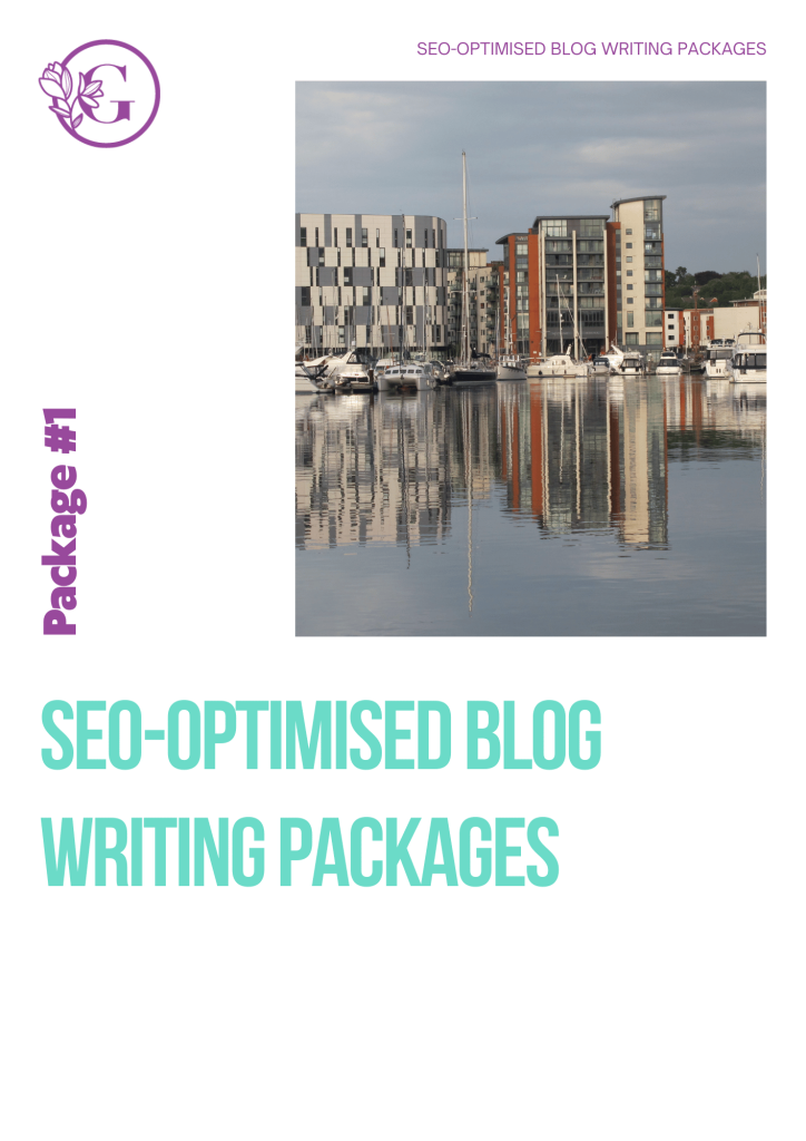 Image saying SEO optimised blog writing packages plus a photo of the Ipswich waterfront