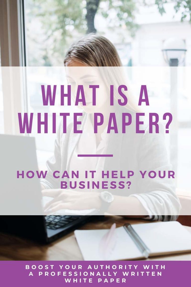 A photo of a lady working a a laptop in front of a window. On top is layered text in purple writing which says, "what is a white paper?" with a subheading that says "how can it help your business?