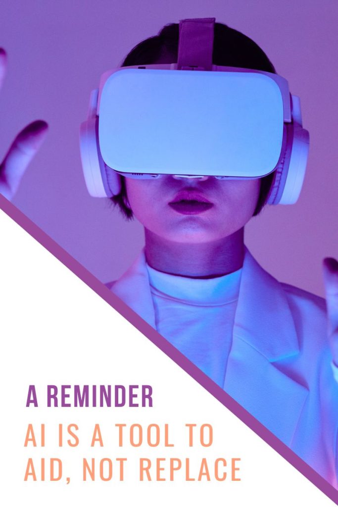 Diagnoal image of a woman wearing a white jacket and shirt wearing a white VR headset. Included is the headline "A reminder, AI is a tool to aid not replace"