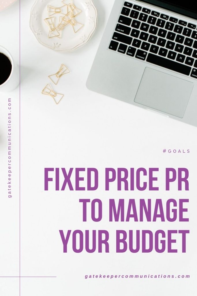 A laptop and cup of coffee on awhite desk. The headline says £fixed price PR to manage your budget"