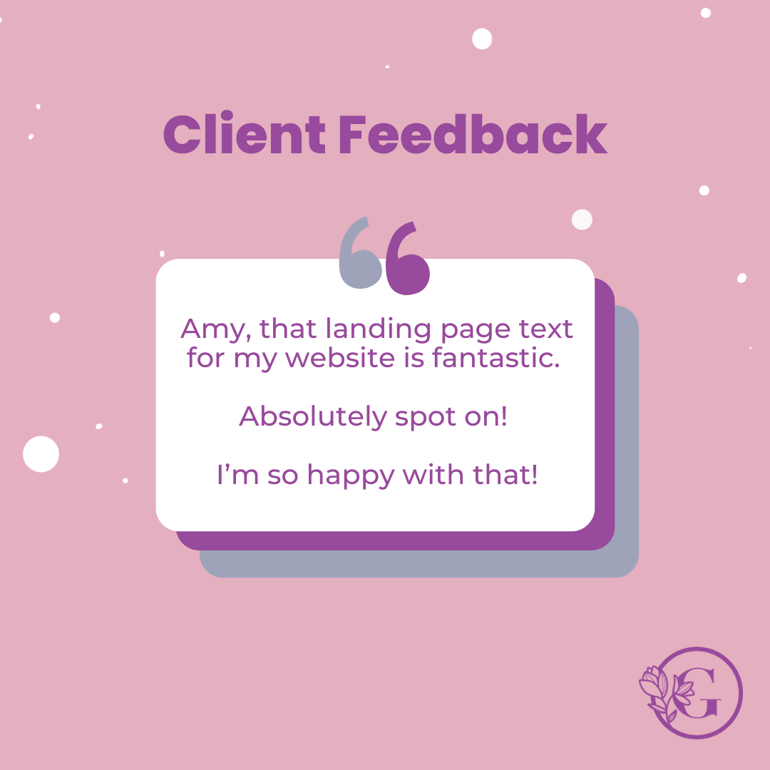 Pink background with white bubbles and a purple heading saying "client feedback". There is a white text box with a client testimonial featured.