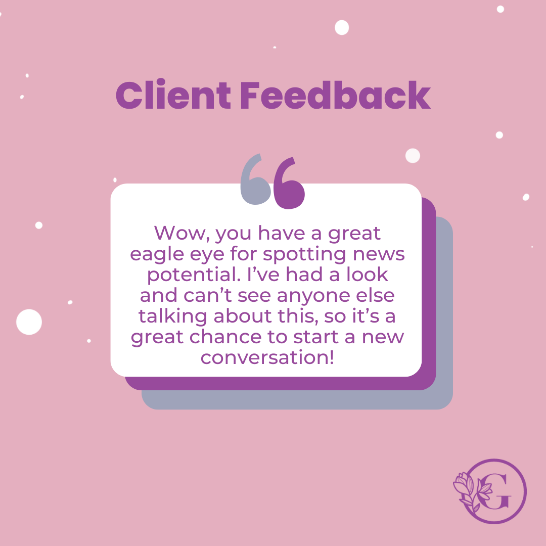 Pink background with white bubbles and a purple heading saying "client feedback". There is a white text box with a client testimonial featured.