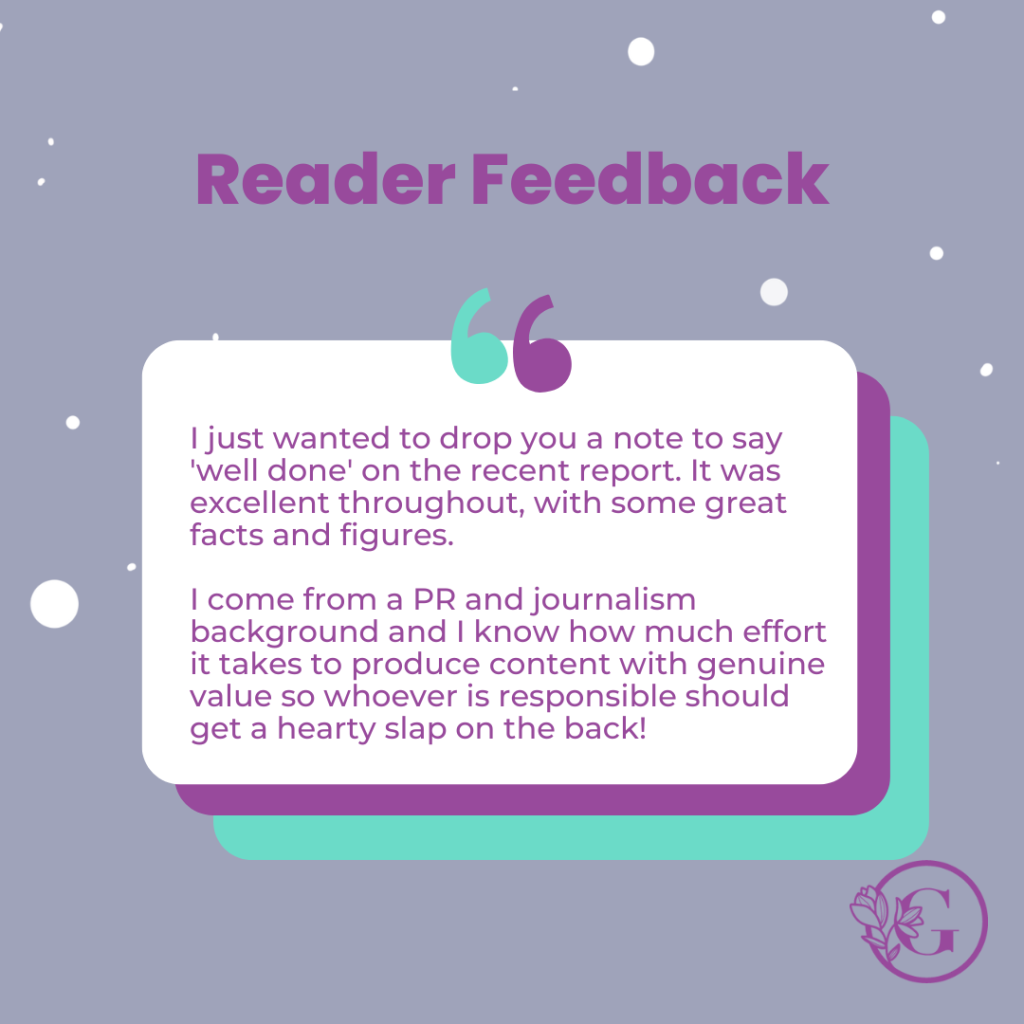 Solid colour background with white bubbles and a white text box with a green and purple speech bubble. The headline says "reader feedback"