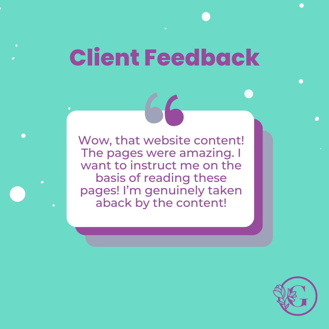 Green background with white bubbles. A purple headline says "client feedback" and there is a purple and grey speech bubble with a client testimonial