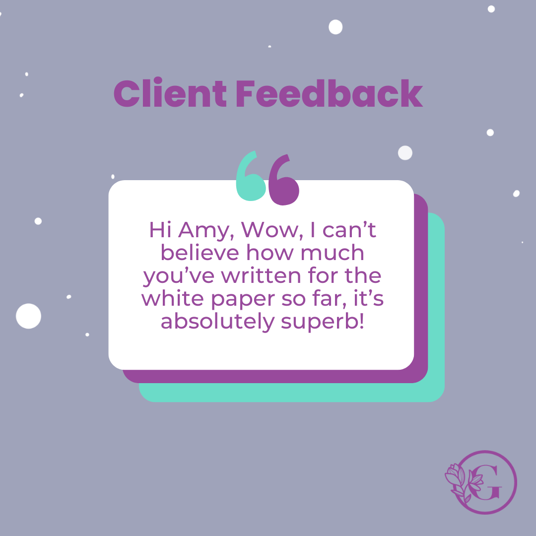 grey background with white bubbles and a purple heading saying "client feedback". There is a white text box with a client testimonial featured.