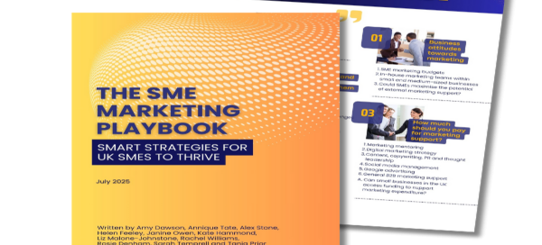 Cover of The SME Marketing Playbook with smart strategies for UK SMEs to thrive, alongside inside page preview listing business resilience and marketing tips