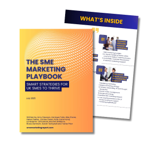Two-page preview of “The SME Marketing Playbook” report. The front cover features the title, subtitle “Smart Strategies for UK SMEs to Thrive,” and a gradient orange-yellow design with dotted patterns. The second page, partially visible, shows a “What’s Inside” section listing topics like business attitudes toward marketing and marketing support costs