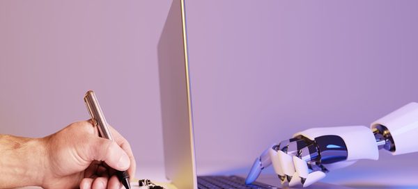 “Human hand writing on paper beside a laptop as a robotic hand interacts with the keyboard, illustrating responsible AI use in PR and communications.”
