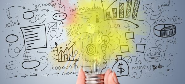 AI-written white paper and business report concept with growth charts and strategy ideas for SME lead generation. A hand holds a yellow lightbulb over written text to show the 'lightbulb' moment