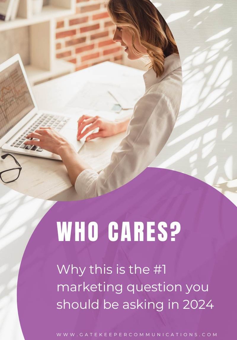 image of a woman typing on a laptop with the words "who cares?"